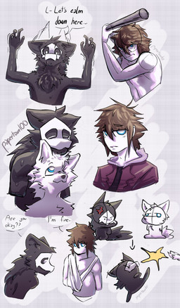 anthro baseball_bat bat_(object) black_body black_fur brown_hair cross-popping_vein dialogue duo fur hair male male/male text white_body white_fur white_skin papertowel00 changed_(video_game) lin_(changed) puro_(changed) canid canine canis goo_creature human mammal wolf 2025 absurd_res artist_name english_text hi_res multiple_scenes
