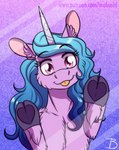 blep blue_hair breaking_the_fourth_wall female hair heart_symbol hooves horn looking_at_viewer purple_eyes solo tongue tongue_out inuhoshi-to-darkpen hasbro mlp_g5 my_little_pony mythology izzy_moonbow_(mlp) equid equine mammal mythological_creature mythological_equine unicorn