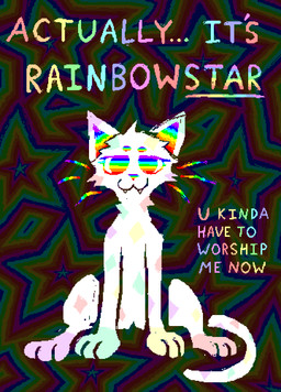 :3 abstract_background ambiguous_gender fangs feral fur markings multicolored_eyes rainbow_background rainbow_eyes rainbow_inner_ear rainbow_text rainbow_whiskers simple_background sitting solo sparklefur spots spotted_body spotted_fur teeth text white_body white_fur demensa warriors_(book_series) fan_character rainbowpaw_(demensa) domestic_cat felid feline felis mammal 2024 colorful_theme english_text full-length_portrait hi_res portrait female_(lore)