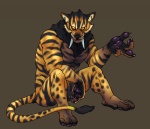 abs anthro biceps biped black_body black_fur black_hair black_nose brown_background brown_body brown_fur claws fangs fur hair looking_at_viewer male markings muscular muscular_anthro muscular_male nude orange_body orange_fur pass pawpads paws pecs pose sabertooth_(anatomy) simple_background sitting solo spots stripes tail teeth toe_claws tusks yellow_body yellow_eyes yellow_fur gweek felid mammal prehistoric_species saber-toothed_tiger