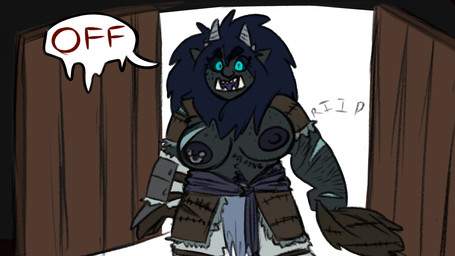 armor breasts clothing female horn nipple_piercing nipples not_furry piercing solo undressing ravenpen15 humanoid orc 16:9 hi_res widescreen