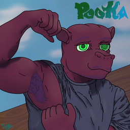 anthro armpit_hair barazoku beard body_hair clothed clothing eyebrows facial_hair fist flexing green_eyes hair logo male mustache pulling_on_clothes purple_hair shadow shirt sky solo t-shirt topwear wood pookashifts barra_(pookashifts) hippopotamid mammal 1:1 hi_res shaded signature