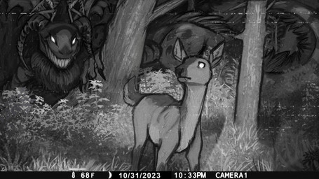 ambiguous_gender camera_view duo empty_eyes fangs feral forest fur grass horn mouth_closed night outside plant quadruped sharp_teeth shrub teeth tree acidic deer mammal species_request 16:9 hi_res monochrome widescreen