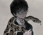 ambiguous_gender clothed clothing duo eyewear feral forked_tongue glasses green_eyes gryffindor hair male short_hair tongue roboto_(artist) harry_potter_(series) harry_potter human mammal python reptile scalie snake hi_res