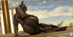 2017 3d_(artwork) anthro anubian_jackal azentaru_(r-a-s-p) balls biceps big_butt big_penis biped butt canid canine canis claws deity digital_media_(artwork) egyptian erection fur genitals humanoid_genitalia humanoid_penis jackal male mammal muscular muscular_anthro muscular_male nude penis presenting presenting_hindquarters r-a-s-p_(artist) solo tailless text thick_thighs url yellow_body yellow_fur