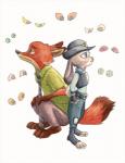 anthro disembodied_eyes duo_focus eyes_everywhere female fur group male surrounded 紅葉 disney zootopia judy_hopps nick_wilde canid canine fox lagomorph leporid mammal rabbit red_fox true_fox full-length_portrait painting_(artwork) portrait traditional_media_(artwork) watercolor_(artwork)