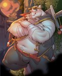 adventurer anthro bandage belly big_belly blue_eyes blush bottomwear bulge clothing detailed_background humanoid_hands male navel outside overweight overweight_male pants solo sun weapon white_body ziran bear mammal polar_bear ursine 2022 hi_res