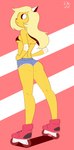 :< anthro blonde_hair bottomwear bra butt clothing denim denim_bottomwear denim_clothing denim_shorts elbow_pads female fur hair hands_on_hips horn inline_skates looking_back pattern_background pose rear_view roller_skates shorts shoulder_blades simple_background solo striped_background underwear yellow_body yellow_fur dezz adventure_time cartoon_network bronwyn_(adventure_time) bear canid canine canis domestic_dog hybrid mammal rainicorn full-length_portrait hi_res portrait