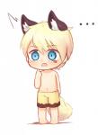 blonde_hair blue_eyes bottomwear chibi clothed clothing ellipsis hair male navel short_hair shorts simple_background solo standing topless white_background young bokustar_fox animal_humanoid canid canid_humanoid canine canine_humanoid fox_humanoid humanoid mammal mammal_humanoid 2017