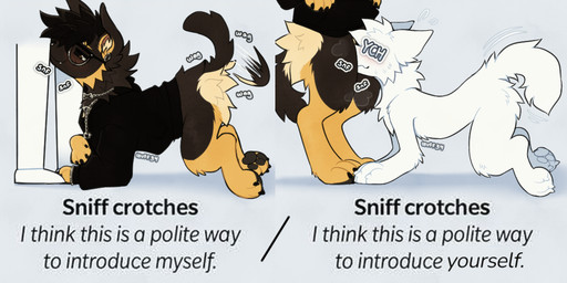 ambiguous_gender anthro blush blush_lines bodily_fluids bracelet breath chain_collar chain_jewelry chain_necklace clothing collar crotch_sniffing duo ear_piercing eyewear facial_piercing flesh_tunnel floppy_ears fluffy fur gauged_ear glasses hair hoodie jewelry male multiple_piercings necklace nose_piercing paws piercing septum_piercing simple_background smile sniffing sweat tail tail_motion tailwag text topwear wearing_glasses wuff34 anon wuffy_(wuffsiez) canid canine canis domestic_dog german_shepherd herding_dog mammal pastoral_dog digital_media_(artwork) english_text meme meme_origin andromorph_(lore) trans_(lore) trans_man_(lore)