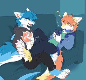 4_toes anthro cellphone claws clothed clothing collar digitigrade duo electronics feet fluffy_paws foot_focus foot_grab fur furniture male pawpads phone pink_pawpads smartphone sofa toe_claws toes riika_gg mythology kutto dragon furred_dragon furred_scalie mythological_creature mythological_scalie scalie hi_res