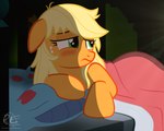 bed bed_hair bedding bedroom blanket blonde_hair blush ears_down female feral freckles frown furniture green_eyes hair lying lying_on_bed messy_hair missing_accessory on_bed on_model orange_body pillow pivoted_ears solo sun sunrise tired window ponyecho friendship_is_magic hasbro my_little_pony applejack_(mlp) earth_pony equid equine horse mammal pony 2016 5:4 digital_media_(artwork) hi_res signature