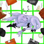 abstract_background ambiguous_gender claws feral floppy_disk food fungus fur meat mushroom nap simple_background sleeping solo tile conditional_dnp wolftacos bandai_namco digimon digimon_(species) felid gazimon mammal 1:1