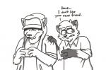 anthro clothed clothing dialogue duo ellipsis eyewear glasses male simple_background text white_background heyitscousindave andy_(heyitscousindave) cousin_dave canid canine canis coyote mammal procyonid raccoon english_text monochrome