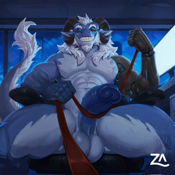 abs anthro balls biceps big_penis blue_body blue_penis chair dominant dominant_male facial_hair first_person_view fur furniture genitals glans goatee hair half-erect holding_leash holding_object horn humanoid_genitalia humanoid_penis leash leash_pull looking_at_viewer looking_down looking_down_at_viewer low-angle_view male mechanical_arm muscular muscular_anthro muscular_male navel nude_anthro nude_male office office_chair pecs penis red_eyes saggy_balls sitting solo spread_legs spreading submissive submissive_pov tail toothy_grin uneven_balls unprofessional_behavior vein veiny_penis white_hair worm's-eye_view zaahrich mythology thrumond dragon furred_dragon furred_scalie mythological_creature mythological_scalie scalie 1:1 2026 digital_media_(artwork) hi_res watermark