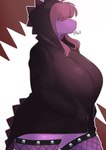 anthro big_breasts breasts brown_hair chalk clothing eating eating_chalk female fishnet_clothing fishnet_legwear freckles hair hair_over_eyes hands_in_both_pockets hoodie huge_breasts legwear non-mammal_breasts object_in_mouth obscured_eyes purple_body purple_scales scales side_view simple_background solo squish sweatshirt thick_thighs thigh_squish topwear wide_hips underchikichan deltarune undertale_(series) susie_(deltarune) dinosaur prehistoric_species reptile scalie hi_res portrait three-quarter_portrait