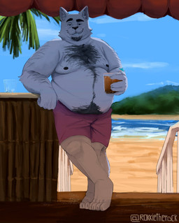 4_toes 5_fingers anthro arm_tuft beach belly_overhang beverage black_eyebrows black_nipples body_hair bottomwear claws clothed clothing cloud container cup double_chin eyebrows facial_tuft feet finger_claws fingers fur glass glass_container glass_cup happy_trail holding_beverage holding_object looking_at_viewer love_handles male mature_male moobs mountain musclegut muscular nipples overweight overweight_anthro overweight_male palm_tree pink_bottomwear pink_clothing pink_shorts plant sand shorts shorts_only smile smiling_at_viewer smirk smirking_at_viewer solo text toe_claws toes topless tree tuft water whiskers white_body white_fur rokkietherock domestic_cat felid feline felis mammal artist_name hi_res