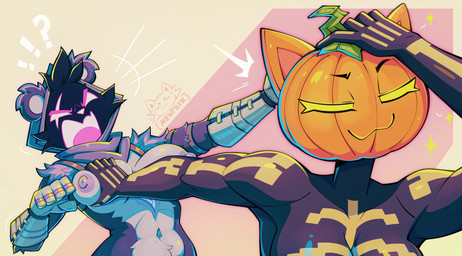 anthro armor big_breasts breast_grab breast_squish breasts clothing duo female for_a_head fur gauntlets gloves glowing glowing_eyes hand_on_breast handwear hood multicolored_body multicolored_fur muscular nipples pumpkin_head purple_body purple_fur squish white_body mewtrix epic_games fortnite jujutsu_kaisen raven_team_leader spice_(fortnite) bear felid feline mammal object_head absurd_res digital_media_(artwork) hi_res meme