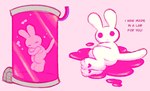 :< ambiguous_gender anthro heart_pawpads laboratory liquid pawpads solo stasis_chamber text white_body conditional_dnp labbit_(artist) lagomorph leporid mammal rabbit english_text hi_res pink_theme