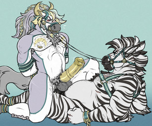 abdominal_bulge anal anal_penetration animal_genitalia animal_penis anthro armpit_hair balls bdsm big_penis blush bodily_fluids body_hair bondage bound bridle butt chest_hair cum cum_inside duo ear_piercing ear_ring ejaculation equine_genitalia equine_penis erection facial_hair facial_piercing fur gag gagged genital_fluids genitals hair halter harness harness_gag jadus_(nakasuji) lip_piercing male male/male male_penetrated male_penetrating male_penetrating_male muscular muscular_anthro muscular_male nipple_piercing nipples nose_piercing nude pecs penetration penile penile_penetration penis piercing pubes reins restrained restraints ring_piercing scar sex sheath simple_background striped_body stripes conditional_dnp electroporn reuben_(electroporn) equid equine horse mammal zebra 6:5 digital_media_(artwork) hi_res