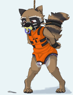 anthro bdsm biped bodily_fluids bondage bound brown_body brown_fur bulge clean_diaper clothed clothing crying diaper diaper_under_clothing diaper_under_onesie erection erection_in_diaper fur gag gagged hands_behind_back key male muzzle_(object) muzzled object_in_mouth onesie pacifier pacifier_gag pacifier_in_mouth pacifier_muzzle_gag shaking simple_background snapsuit solo tears wearing_diaper kuuneho disney guardians_of_the_galaxy marvel rocket_raccoon mammal procyonid raccoon 2021 absurd_res digital_media_(artwork) hi_res