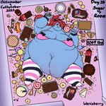 1:1 anthro beverage big_breasts bikini blue_body blue_scales breasts candy chocolate clothing cookie dessert doughnut english_text eye_patch eyewear female fish food hair hi_res leggings legwear lollipop lying marine morbidly_obese morbidly_obese_female number obese obese_female on_back overweight overweight_female pastry ponytail red_eyes red_hair scales signature soda solo swimwear text tongue tongue_out two-piece_swimsuit undertale_(series) undyne weight_gain wenisberry