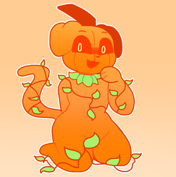 anthro convenient_censorship eyebrows fingers floppy_ears for_a_head gradient_background hands_behind_back happy kneeling leaf looking_at_viewer male nude open_mouth open_smile orange_background orange_body outline plant pumpkin_head pupils simple_background smile solo tail thick_thighs three-quarter_view white_outline wide_hips xcrst1 canid canine canis domestic_dog elemental_creature flora_fauna mammal object_head 2024 digital_media_(artwork) full-length_portrait hi_res portrait