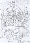 anthro black_and_white border clothing comic cutaway dialogue duncan_(kitfox_crimson) english_text eye_patch eyewear flying_machine gesture group gun hand_gesture kangaroo kitfox-crimson knight_armor machine macropod male mammal marsupial mecha monochrome outside_border pockets pointing pointing_at_viewer ranged_weapon shirt sketch solo solo_in_panel speech_bubble stolen_generation text topwear weapon wings