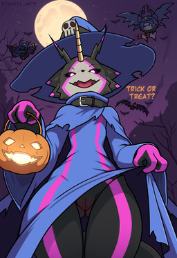anthro blush body_blush clothing clothing_aside clothing_pull crossgender fangs female food fruit genitals hat headgear headwear holidays looking_at_viewer moon night open_mouth open_smile plant pulled_by_self pumpkin smile solo teeth vulva vulva_blush witch_costume witch_hat conditional_dnp ineedanaccount bandai_namco digimon halloween bat chiropmon demidevimon digimon_(species) gulusgammamon mammal soundbirdmon absurd_res hi_res