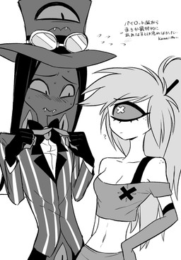 1_eye anthro blush bow_tie bra_strap breasts cleavage clothed clothing crop_top duo fangs female freckles hat headgear headwear index_to_index male midriff navel off_shoulder pinstripe_suit pinstripes shirt slim suit teeth text topwear x_pupils enaic31 hazbin_hotel hellaverse cherri_bomb_(hazbin_hotel) sir_pentious'_hat sir_pentious_(hazbin_hotel) cyclops demon demon_humanoid humanoid reptile scalie snake absurd_res hi_res japanese_text monochrome translation_request