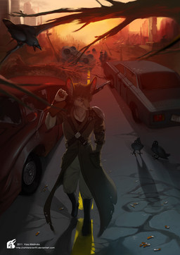 ak-47 ak_platform amazing_background anthro assault_rifle building car city detailed_background gun high-angle_view male outside plant post-apocalyptic ranged_weapon rifle road ruins solo street sunset toony tree vehicle weapon wood whiteraven90 lux_(character) avian bird canid canine corvid corvus_(genus) crow fox mammal oscine passerine detailed