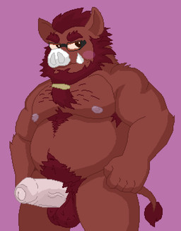 angry anthro balls beard belly blush bodily_fluids body_hair brown_body chest_hair cum cum_on_face eyewear facial_hair fluffy_balls frown genital_fluids genitals glasses hair happy_trail male monotone_background nude penis pubes shy slightly_chubby solo tail tusks myuger password_(visual_novel) oswin_(password) humanoid mammal suid suine sus_(pig) wild_boar digital_media_(artwork) pixel_(artwork)