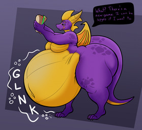 after_transformation anthro belly big_belly big_butt black_sclera butt dialogue facial_scar fangs food hair holding_food holding_object horn huge_belly huge_butt licking licking_lips looking_aside looking_at_viewer male male_anthro medium_hair membrane_(anatomy) membranous_wings mohawk multicolored_body multicolored_scales navel nude nude_anthro nude_male obese obese_anthro obese_male overweight overweight_anthro overweight_male rumbling_stomach sandwich_(food) scales scar side_view simple_background smile smiling_at_viewer solo speech_bubble tail talking_to_viewer teeth text thick_thighs tongue tongue_out white_eyes wings kanida activision mythology spyro_the_dragon kanida_(kanida) spyro alien dragon mythological_creature mythological_scalie scalie digital_drawing_(artwork) digital_media_(artwork) english_text hi_res