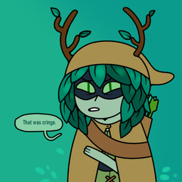 antlers arrow_(weapon) bangs cloak clothed clothing dialogue female green_background green_body green_eyes green_skin grey_body grey_skin hat headgear headwear horn leaf leaf_hair not_furry on_model plant plant_hair pseudo_hair ranged_weapon shirt simple_background solo toony topwear tunic weapon discount-supervillain adventure_time cartoon_network huntress_wizard elemental_creature elemental_humanoid flora_fauna humanoid mammal plant_humanoid 1:1 digital_media_(artwork)