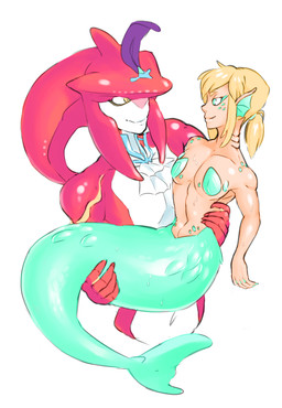 alternate_species blonde_hair carrying_another duo eye_contact gills hair light_body light_skin looking_at_another male mermaidification neck_gills ponytail simple_background smile split_form white_background combos-n-doodles breath_of_the_wild nintendo the_legend_of_zelda link prince_sidon aquatic merfolk zora 2018 absurd_res hi_res