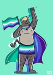 anthro belly blonde_hair cape clothing fist fur grey_body grey_fur hair heart_symbol lgbt_pride male markings navel nipples pattern_clothing pattern_underwear pride_color_flag pride_colors raised_fist raised_hand slightly_chubby slightly_chubby_anthro slightly_chubby_male solo spots spotted_body striped_clothing striped_underwear stripes underwear vincian_pride_colors salsa_squad calahoo_(calahootheyeen) hyena mammal spotted_hyena absurd_res hi_res