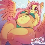 1:1 2024 anthro anthrofied belly big_breasts bikini biped blush blush_lines breasts clothing cutie_mark digital_drawing_(artwork) digital_media_(artwork) equid equine feathered_wings feathers female fluttershy_(mlp) friendship_is_magic fur green_bikini green_clothing green_swimwear hair hasbro heart_symbol hi_res icon juxi long_hair looking_at_viewer looking_down looking_down_at_viewer mammal my_little_pony mythological_creature mythological_equine mythology navel overweight overweight_anthro overweight_female pegasus pink_hair shaded smile solo swimwear teal_eyes thick_thighs under_boob wide_hips wings yellow_body yellow_fur
