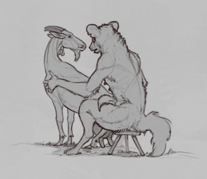 anal animal_genitalia avian_caruncle balls_deep bench bestiality crouching dewlap_(anatomy) feral feral_penetrated furniture genitals hooves horn interspecies male penetration sex sitting stool teats udders wattle technesaurus alpine_goat bovid caprine domestic_goat gnoll goat hyena mammal greyscale monochrome sketch