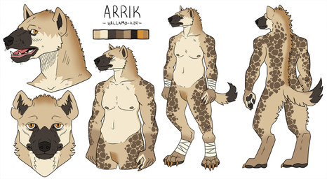 anthro bandage brown_body brown_fur dark_snout digitigrade fur male markings orange_eyes solo spots spotted_body spotted_fur tail hallamo-h hyena mammal spotted_hyena digital_media_(artwork) hi_res model_sheet
