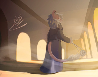 ambiguous_anthro ambiguous_gender anthro biped bottomwear cassock church clothed clothed_ambiguous clothing detailed_background furgonomic_bottomwear furgonomics ghostbc hair holding_object incense incense_burner incense_smoke inside looking_at_viewer looking_back looking_back_at_viewer low-angle_view mane perspective pink_body priest solo tail thebandghost white_hair white_mane sabrinaleaarts felid lion mammal pantherine digital_media_(artwork) digital_painting_(artwork) painting_(artwork) watermark