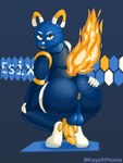 anthro anus backsack balls big_butt blue_balls blue_body blue_perineum butt crossgender crouching detailed_background fire flaming_tail ftm_crossgender genitals hand_on_butt humanoid_genitalia humanoid_penis looking_at_viewer looking_back looking_back_at_viewer machine male mascot penis perineum presenting presenting_anus presenting_balls presenting_penis solo spread_butt spread_legs spreading tail yellow_anus yellow_eyes yellow_penis ayetae-plum e621 esix domestic_cat felid feline felis mammal robot 3:4 hi_res