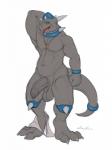 anthro axelthedino balls big_penis clothing collar dinosaur dreiker foreskin fossil_pokemon generation_4_pokemon genitals half-erect hi_res humanoid_genitalia humanoid_penis long_foreskin looking_at_viewer male muscular muscular_anthro muscular_male nintendo penis pokemon pokemon_(species) rampardos reptile scalie sketch solo standing tail tongue tongue_out underwear unretracted_foreskin wrinkled_penis