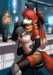 anthro bottle breasts container female fire_flower green_eyes holographic_screen ir medium_breasts sitting solo jecbrush nintendo star_fox fan_character nora_leslie canid canine fox mammal absurd_res hi_res