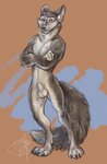 animal_genitalia anthro balls crossed_arms eyebrows fully_sheathed fur genitals grey_body grey_fur male nude open_mouth pose raised_eyebrow sheath simple_background solo standing yellow_eyes aerosaur83 canid canine fox mammal hi_res pinup