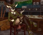 2018 absurd_res antelope anthro big_breasts biped black_nose bottomwear bovid bra breasts clitoris clothed clothing digital_media_(artwork) dragonfu electronics female figurines footwear furniture gazelle genitals gun hi_res high_heels hooves inside legwear lingerie m1_garand mammal map medal military no_underwear pussy radio ranged_weapon ribbons riding_crop shaded shoes skirt smile solo stockings table underwear upskirt war wardrobe_malfunction weapon whip yellow_eyes zahra_(airheart)