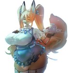 2021 4_fingers anna_miller anthro big_breasts biped blonde_hair blue_bow bow_(feature) bow_in_front breasts brown_body brown_fur canid canine claws clothed clothing clothing_bow container cup curvy_figure digital_media_(artwork) digital_painting_(artwork) dipstick_ears ear_markings eyebrows eyelashes female female_anthro finger_claws fingers fox fur gloves_(marking) hair hi_res holding_object huge_breasts kemono legwear looking_at_viewer mammal markings multicolored_body multicolored_ears multicolored_fur nipple_outline open_mouth portrait serving serving_beverage shaded solo standing tail thick_thighs thigh_highs three-quarter_portrait tongue tray twintails_(hairstyle) utterangle voluptuous waiter white_body white_fur yellow_body yellow_fur
