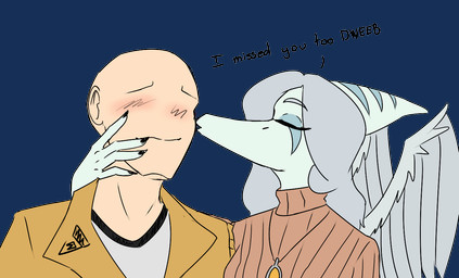 anthro bald blush bone_frill brown_clothing brown_sweater brown_topwear claws clothing dialogue duo eyelashes eyes_closed feathered_wings feathers female female_on_human finger_claws frill_(anatomy) grey_body grey_hair grey_scales hair human_on_anthro interspecies jewelry kissing_cheek light-skinned_male light_body light_skin long_hair male male/female male_on_anthro necklace scales simple_background snout sweater text topwear transparent_background wings jacket_ignites third-party_edit cavemanon_studios goodbye_volcano_high ko_op_(game_developer) snoot_game anon_(snoot_game) fang_(gvh) human mammal prehistoric_species pterosaur reptile scalie 2024 alpha_channel color_edit colored digital_drawing_(artwork) digital_media_(artwork) english_text