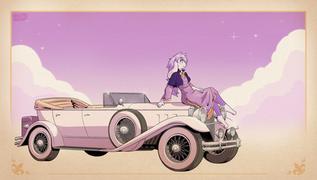 5_fingers anthro arm_support barefoot biped capelet car classic_car closed_smile clothing convertible digitigrade dress eyebrows feet female female_anthro fingers fleur-de-lis floppy_ears green_eyes hair leaning leaning_backward long_hair looking_up mouth_closed multicolored_clothing multicolored_dress paws pink_nose pupils purple_capelet purple_clothing purple_dress purple_eyebrows purple_hair sitting_on_car smile snout solo two_tone_clothing two_tone_dress vehicle white_ears yellow_clothing yellow_dress posspowered packard lagomorph leporid mammal rabbit 2026 hi_res