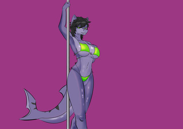 anthro bikini breasts clothed clothing female green_bikini green_clothing green_swimwear grey_body hair looking_at_viewer simple_background solo swimwear tail two-piece_swimsuit mr_benom aquatic fish shark absurd_res digital_media_(artwork) hi_res