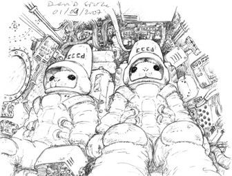amazing_background ambiguous_gender anthro beady_eyes biped black_eyes clothed clothed_ambiguous clothed_anthro clothing detailed_background duo front_view fully_clothed fully_clothed_ambiguous fully_clothed_anthro inside long_ears looking_forward low-angle_view machine russian sitting soviet_union space spacesuit text toony asthexiancal lagomorph leporid mammal rabbit 2007 black_and_white dated detailed monochrome signature